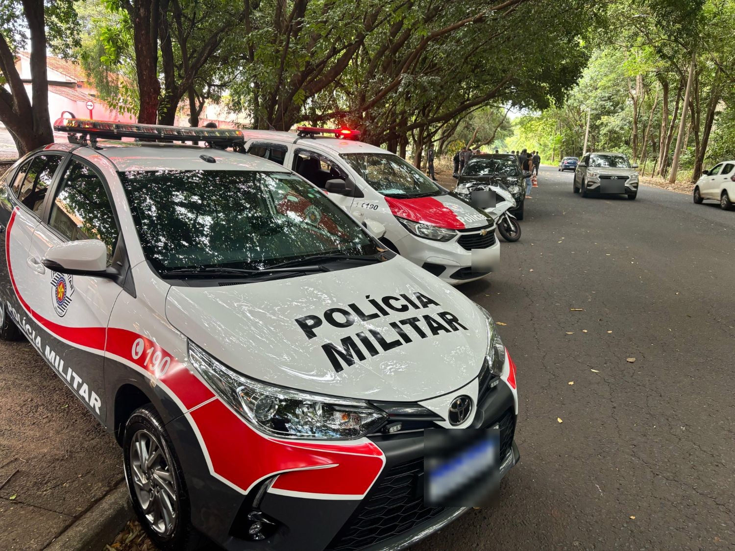 Viaturas da Polícia Militar estacionadas em uma rua arborizada
