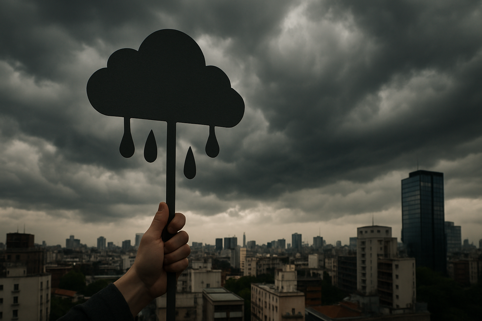 Ilustração de chuva intensa em área urbana.