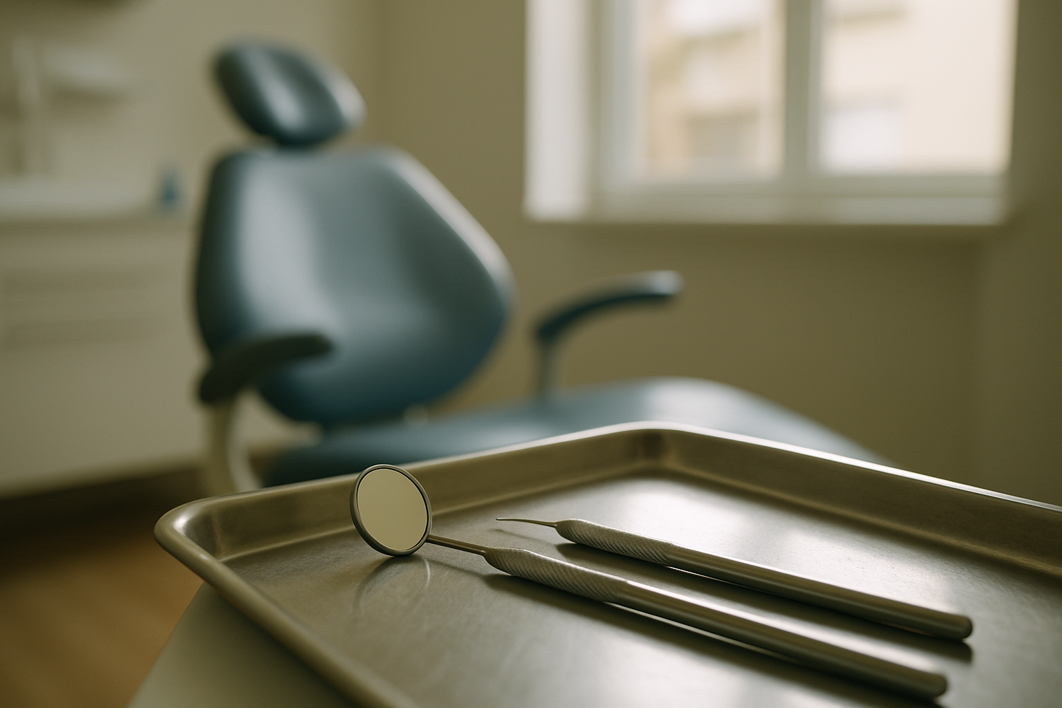 Close de um consultório odontológico vazio, com a cadeira de atendimento ao fundo fora de foco e, em primeiro plano, instrumentais dentários (espelho e sonda) organizados sobre uma bandeja metálica, s