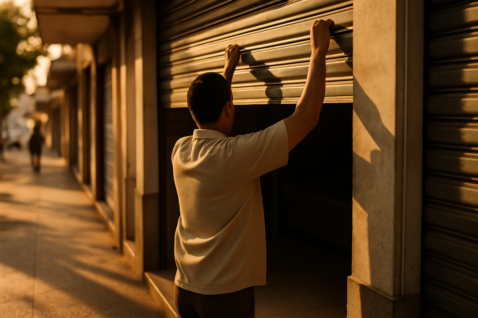 Comerciário de costas baixando a porta de aço de uma loja ao fim da tarde