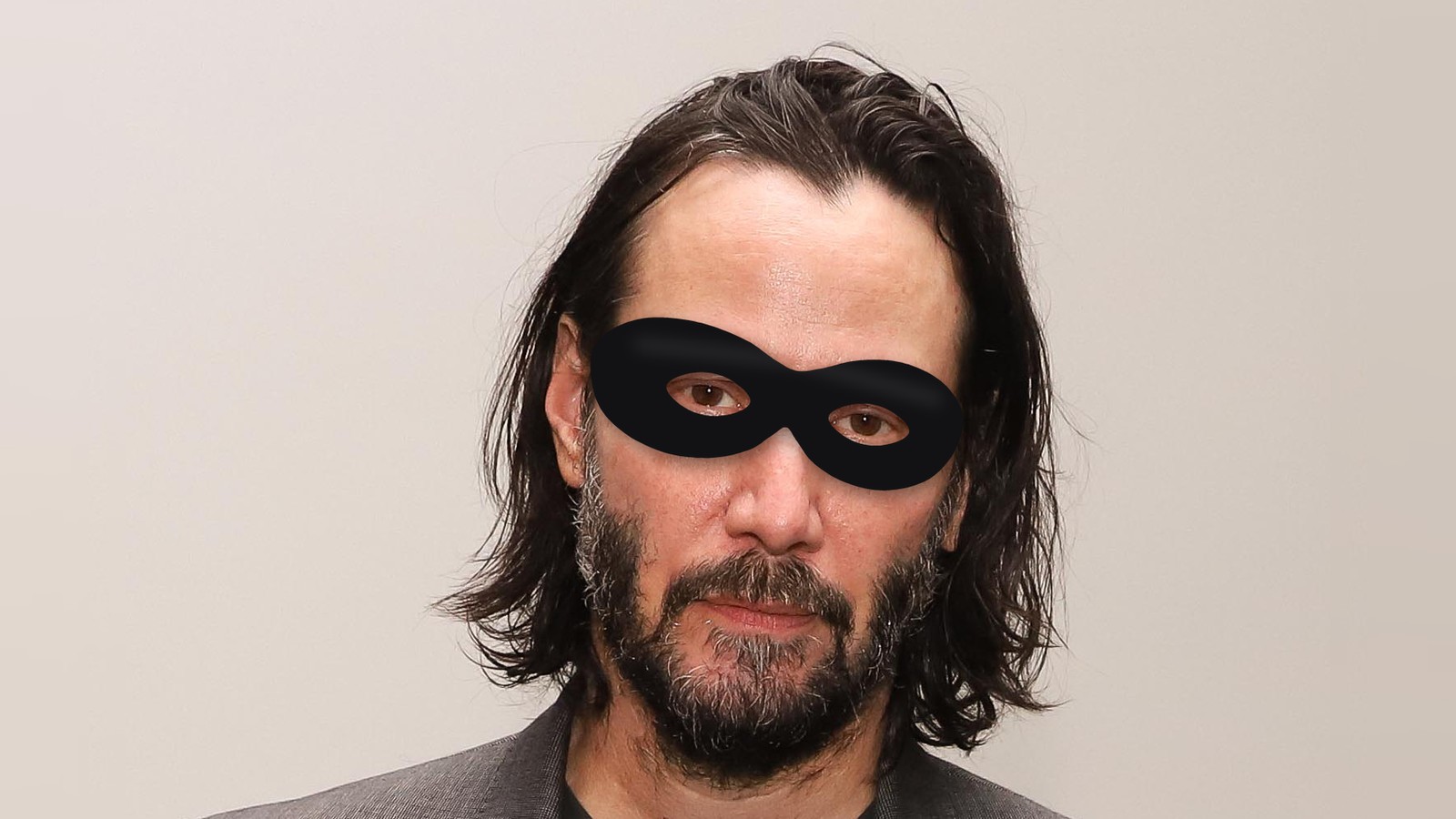 Montagem com o rosto do ator Keanu Reeves usando uma máscara preta de bandido sobre os olhos