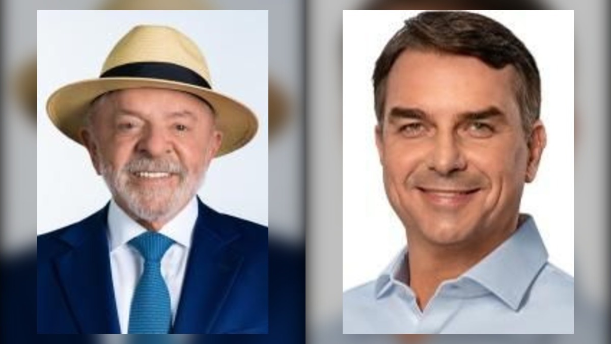Montagem com as fotos oficiais de Lula, de chapéu, à esquerda, e de Flávio Bolsonaro, à direita