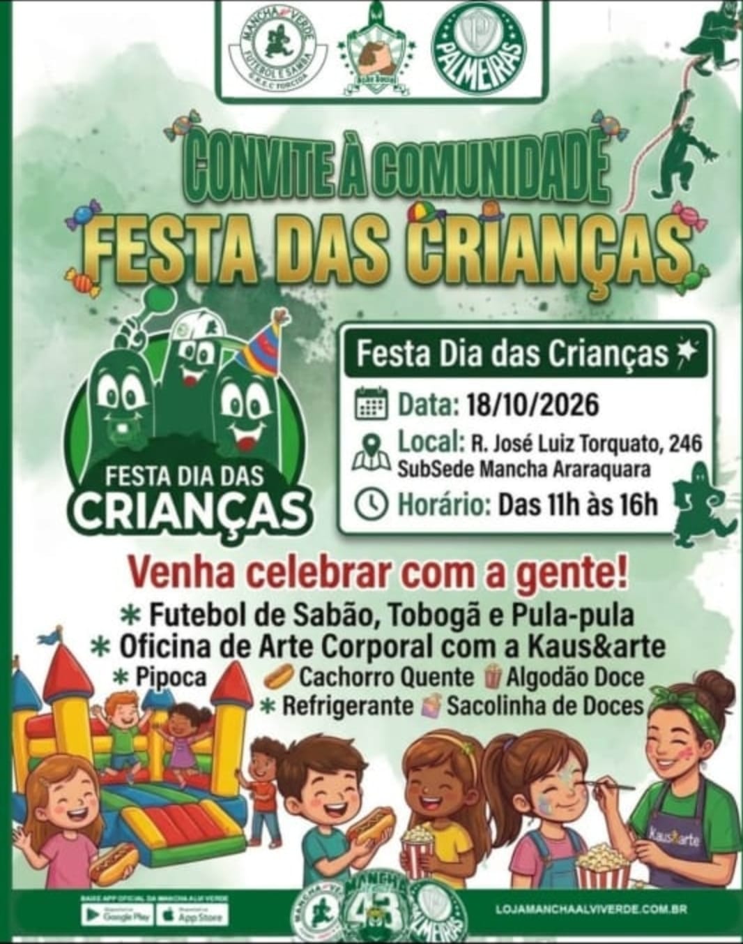 Crianças brincam em um inflável colorido durante a Festa das Crianças da Mancha Verde, na Zona Norte de Araraquara, com atividades gratuitas ao ar livre.