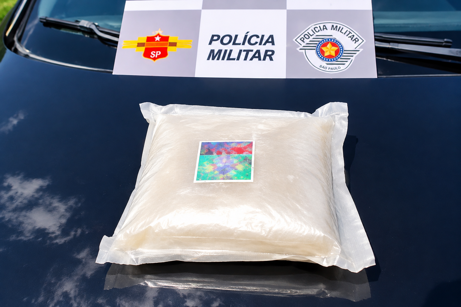 Policial rodoviário exibe tablete de maconha de 1,2 kg apreendido em carro na SP-331, em Gavião Peixoto, com o suspeito ao lado do veículo.