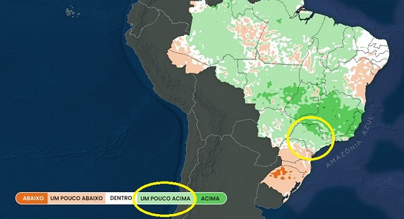 Volume de chuva médio estimado para dezembro: tons de verde indicam chuva acima da média e, tons de laranja, chuva abaixo da média.