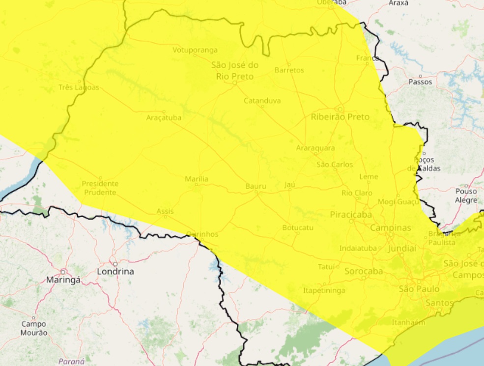 Mapa do IPMet mostra área em alerta para vendaval no interior paulista; Araraquara e cidades da região podem registrar rajadas de vento entre 40 km/h e 60 km/h nesta sexta-feira (8)