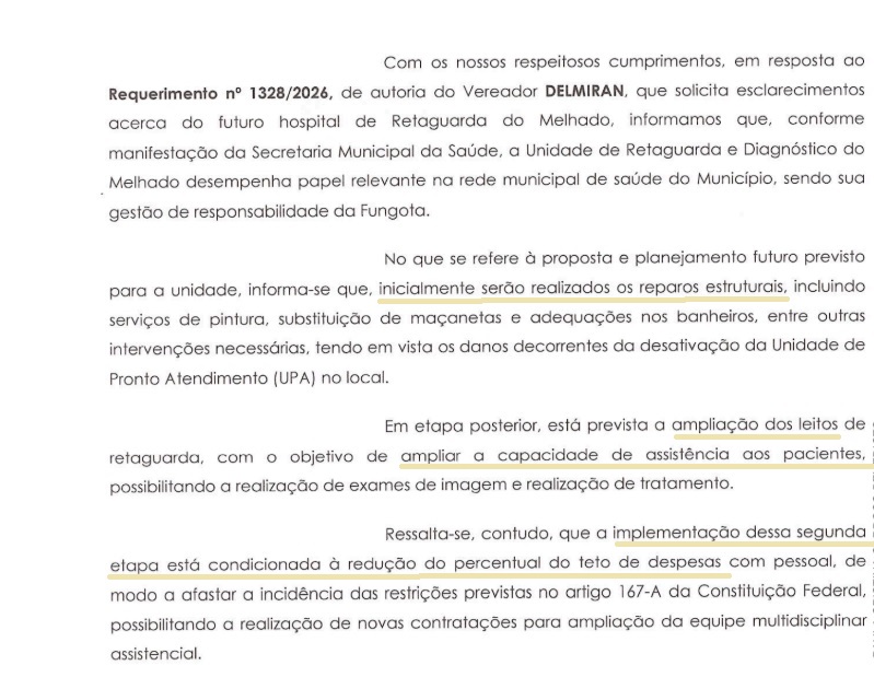 Documento encaminhado pela Prefeitura confirma reparos estruturais na Unidade de Retaguarda do Melhado, mas sem informar prazos ou valores