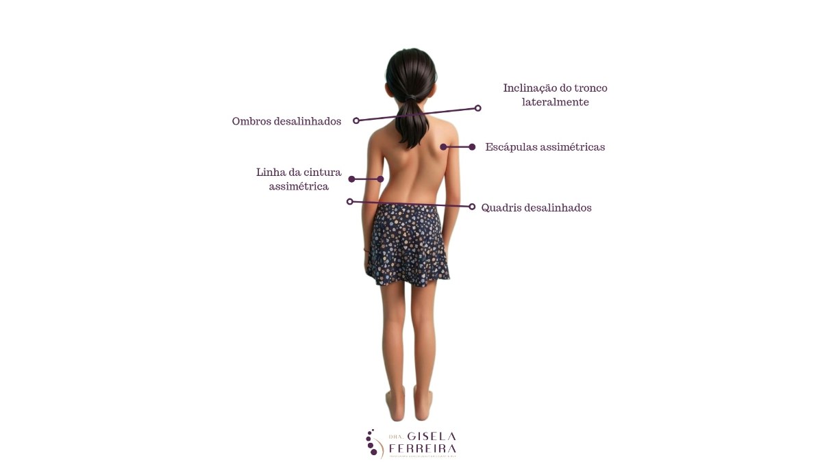 Infográfico com sinais de escoliose em crianças: ombros desalinhados, escápulas assimétricas, cintura assimétrica, quadris desalinhados e inclinação lateral do tronco