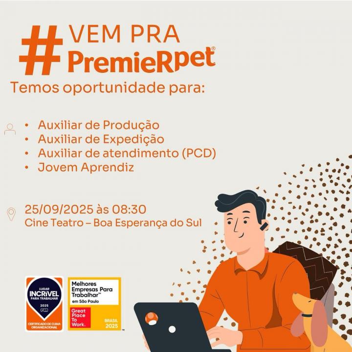 Foto 1 de 1 — PremieRpet contrata! Currículos para produção, expedição e PCD nesta quinta-feira (25)
